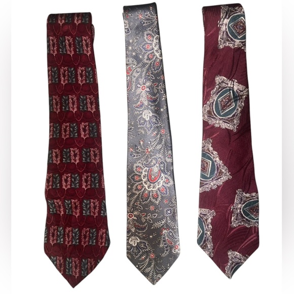 Oscar de la Renta Couture 100% Silk Red Grey Navy Green Paisley Abstract Tie Set - Picture 9 of 12